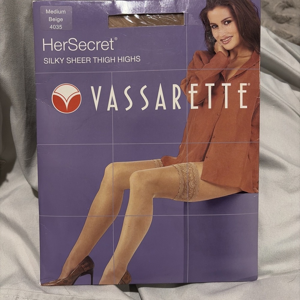 Vassarette Lace Top Thigh High Stockings MEDIUM Beige Silky Sheer Her Secret NOS